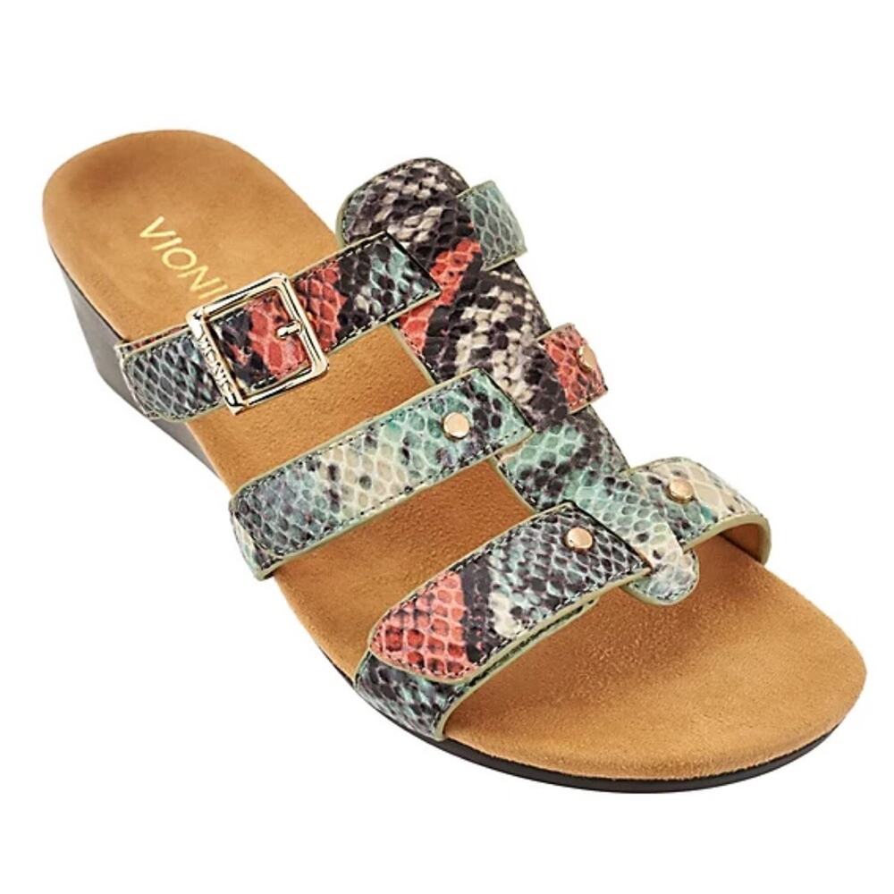 Vionic Green&Orange Snake Print Radia Wedge Sandals Sz.9